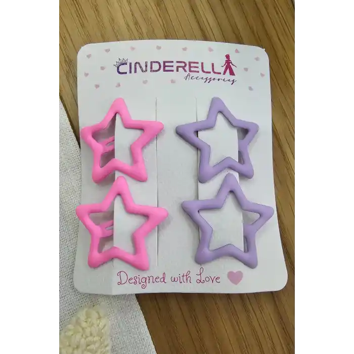 4lü Kaplamalı Mat Mor & Fuşya Yıldızlı Çıtçıt Toka Seti - Kız Çocuk Yıldız Çıt Çıt Yan Saç Tokası