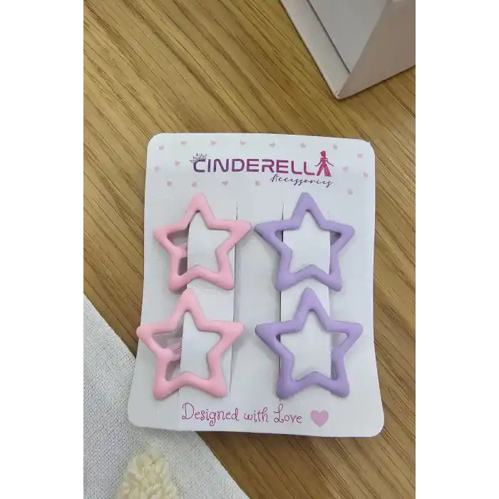 4lü Kaplamalı Mat Mor & Koyu Pembe Yıldızlı Çıtçıtlı Toka Seti - Kız Çocuk Yıldız Çıtçıt Saç Tokası