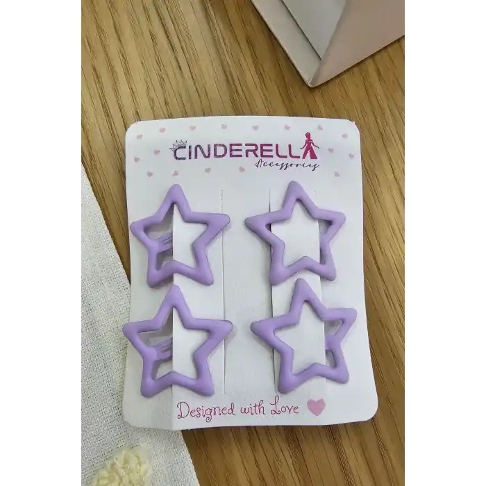 4lü Kaplamalı Mat Mor Renkli Yıldızlı Çıtçıtlı Toka Seti - Kız Çocuk Yıldız Çıt Çıt Yan Saç Tokası