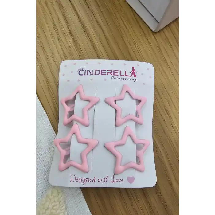 4lü Kaplamalı Mat Pembe Renkli Yıldızlı Çıtçıt Toka Seti - Kız Çocuk Yıldız Çıtçıtlı Yan Saç Tokası