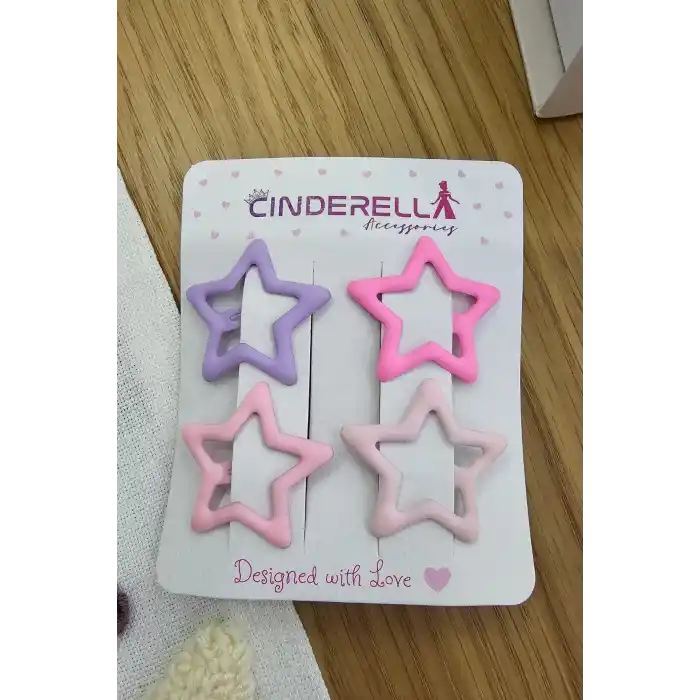 4lü Kaplamalı Mat Pembe Tonlu Yıldızlı Çıtçıt Toka Seti - Kız Çocuk Yıldız Çıt Çıt Yan Saç Tokası