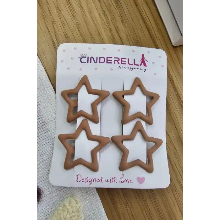 4lü Kaplamalı Mat Sütlü Kahve Yıldızlı Çıtçıtlı Toka Seti - Kız Çocuk Yıldız Çıt Çıt Yan Saç Tokası