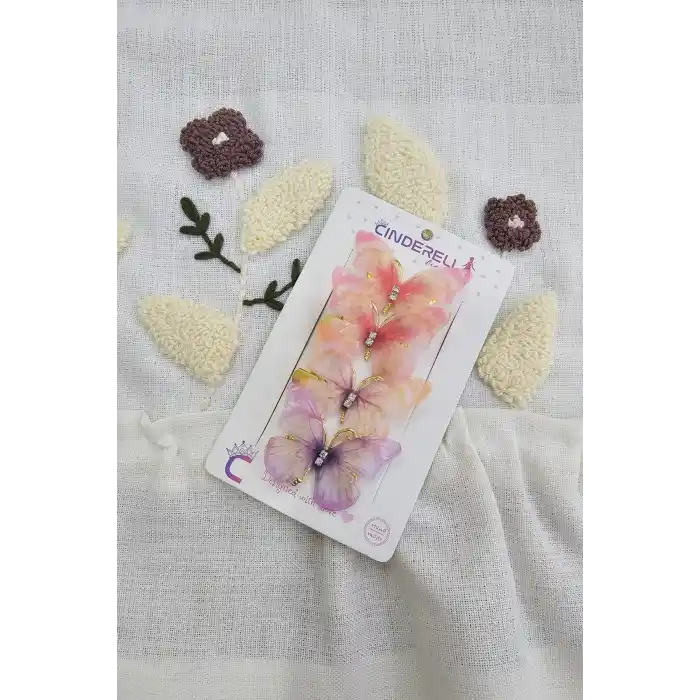 4lü Özel Seri Tül Kanatlı Hareketli Taşlı Kelebek Toka Seti 5cm - Kız Çocuk Kelebekli Saç Tokası