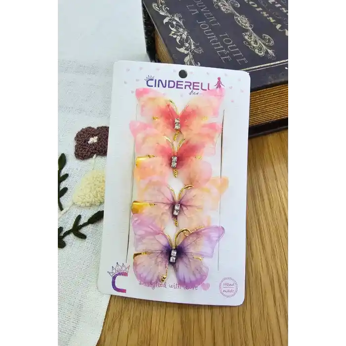 4lü Özel Seri Tül Kanatlı Hareketli Taşlı Kelebek Toka Seti 5cm - Kız Çocuk Kelebekli Saç Tokası
