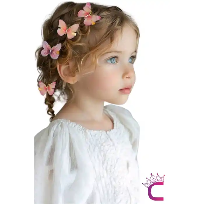 4lü Özel Seri Tül Kanatlı Hareketli Taşlı Kelebek Toka Seti 5cm - Kız Çocuk Kelebekli Saç Tokası