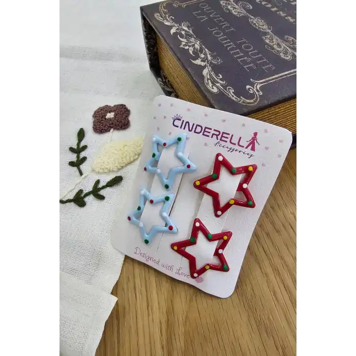 4lü Sevimli Noktalı Yıldız Çıtçıt Toka Seti Mavi Kırmızı - Yıldızlı Kız Çocuk Çıtçıtlı Saç Tokası