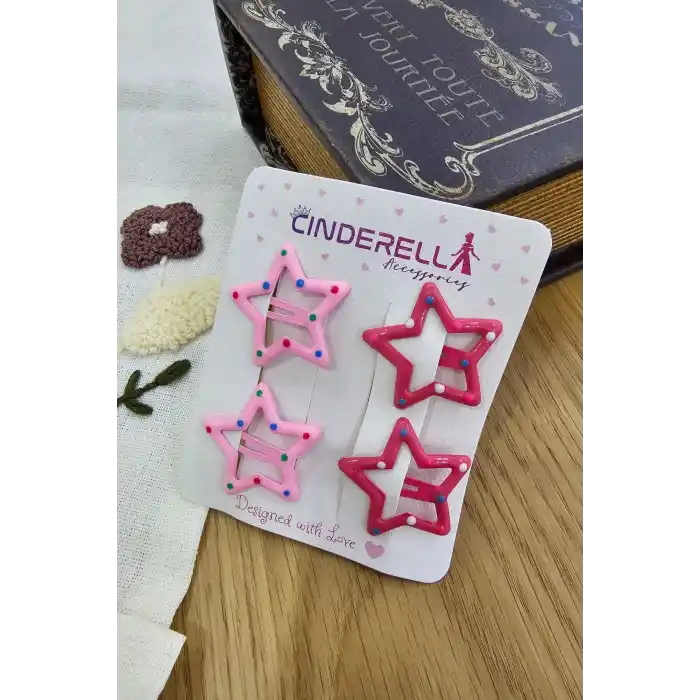4lü Sevimli Noktalı Yıldız Çıtçıt Toka Seti Pembe Fuşya - Kız Çocuk Yıldızlı Çıtçıtlı Saç Tokası