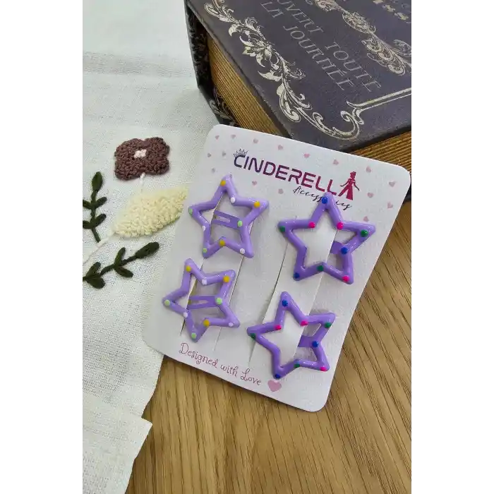 4lü Sevimli Noktalı Yıldızlı Çıtçıt Toka Seti Mor Lila - Renkli Yıldız Kız Çocuk Çıt Çıt Saç Tokası