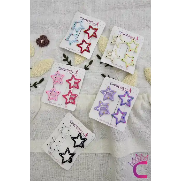 4lü Sevimli Noktalı Yıldız Çıtçıt Toka Seti Pembe Fuşya - Kız Çocuk Yıldızlı Çıtçıtlı Saç Tokası