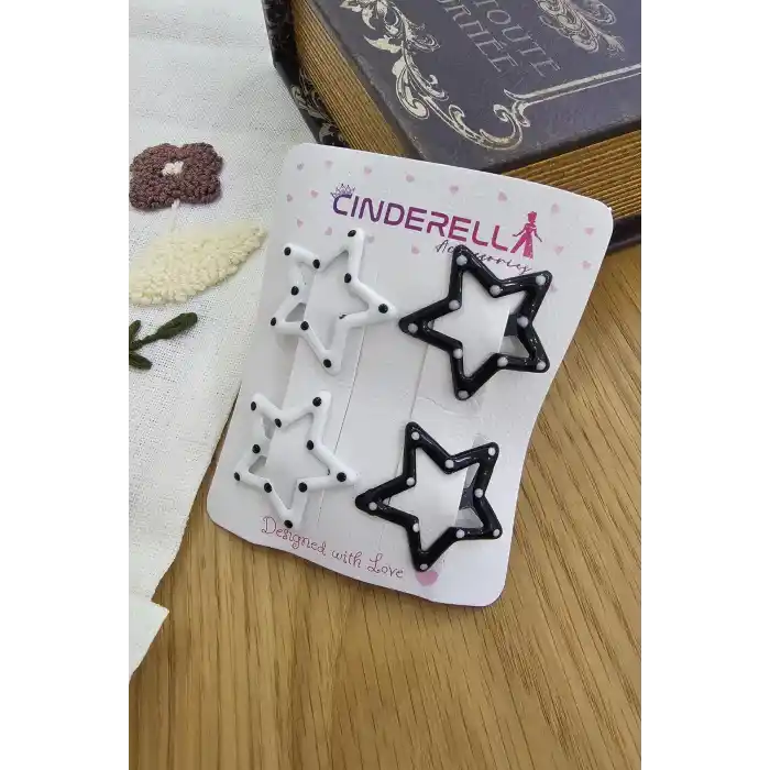 4lü Sevimli Noktalı Yıldızlı Çıtçıt Toka Seti Siyah & Beyaz - Renkli Kız Çocuk Çıtçıtlı Saç Tokası