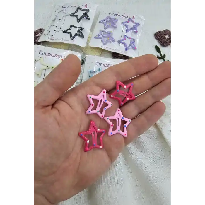 4lü Sevimli Noktalı Yıldız Çıtçıt Toka Seti Pembe Fuşya - Kız Çocuk Yıldızlı Çıtçıtlı Saç Tokası