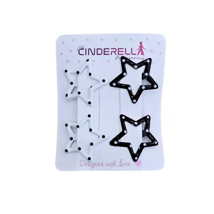 4lü Sevimli Noktalı Yıldızlı Çıtçıt Toka Seti Siyah & Beyaz - Renkli Kız Çocuk Çıtçıtlı Saç Tokası