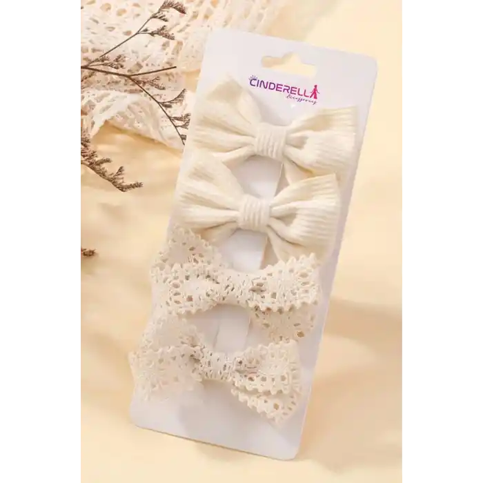 4lü Şık Kombin Soft Bej Renkli Kız Bebek Yumuşak Pens Toka Seti - Çocuk Kurdeleli Fiyonk Saç Tokası