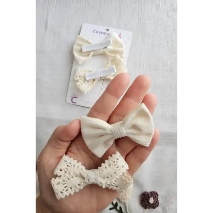 4lü Şık Kombin Soft Bej Renkli Kız Bebek Yumuşak Pens Toka Seti - Çocuk Kurdeleli Fiyonk Saç Tokası