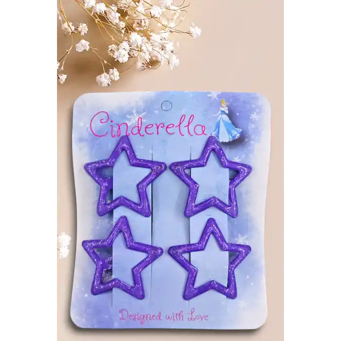 4lü Simli Mor Yıldız Çıt Çıt Toka Seti - Yıldızlı Çıtçıt Toka - Y2k Star Yıldız Çıtçıtlı Toka