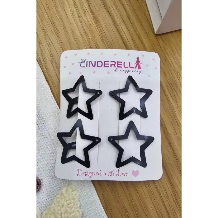 4lü Siyah Yıldızlı Çıtçıt Toka - Kız Çocuk Yıldız Çıtçıtlı Yan Saç Tokası Metal Çıt Çıt Toka