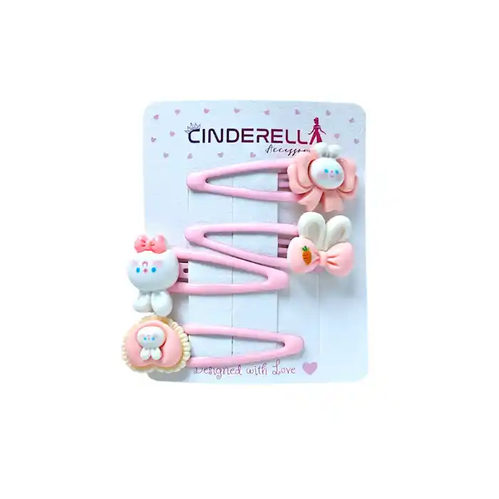 4lü Tavşanlı Kalpli Kurdele Fiyonk Model Çıtçıtlı Toka Seti Pembe - Metal Çıtçıt Yan Saç Tokası