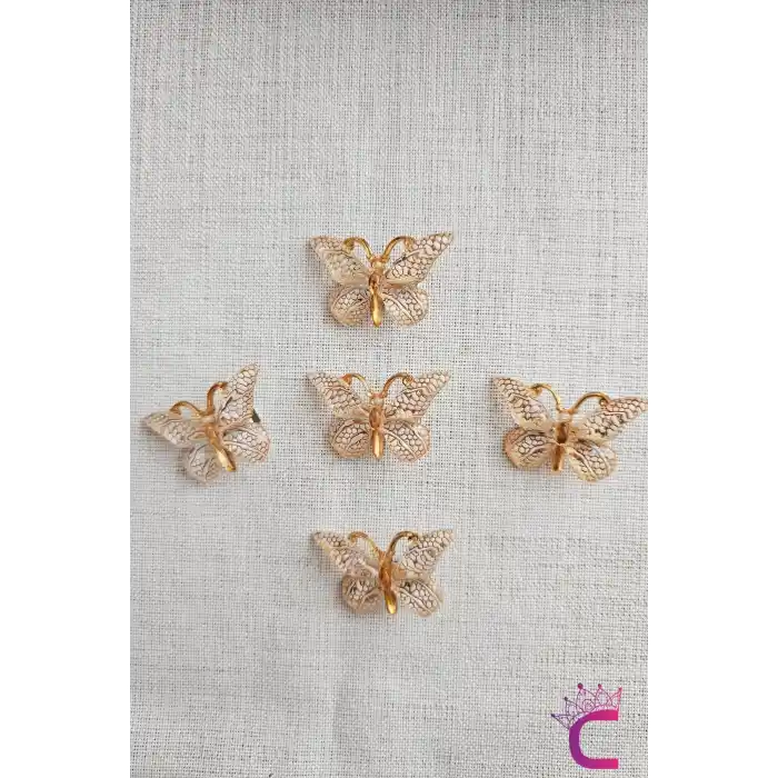 5li Beyaz Gold Detaylı Silikon Dolgu Kanatlı Kelebek Toka Seti - Kelebekli Mini Pens Saç Tokası