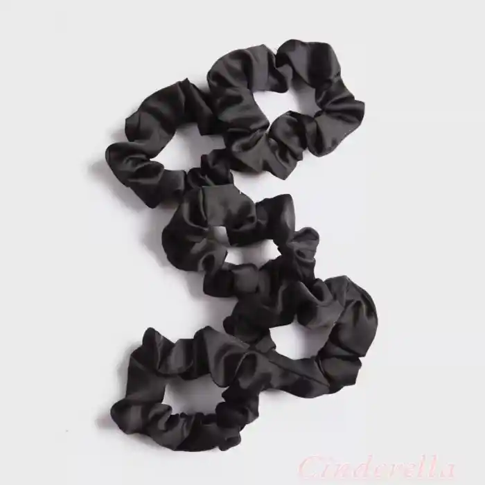 5li Çok Yumuşak Kadın Özel Saten Scrunchie Toka Seti Siyah - Rahat Kullanım Simit Lastik Saç Tokası