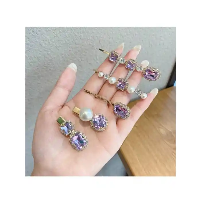 5li Kadın Eflatun Renkli İnci Taşlı Toka Seti - Lüks Yan Çıtçıt Klips Pens Toka Seti