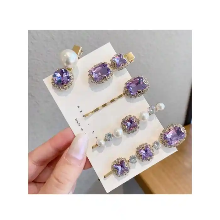5li Kadın Eflatun Renkli İnci Taşlı Toka Seti - Lüks Yan Çıtçıt Klips Pens Toka Seti