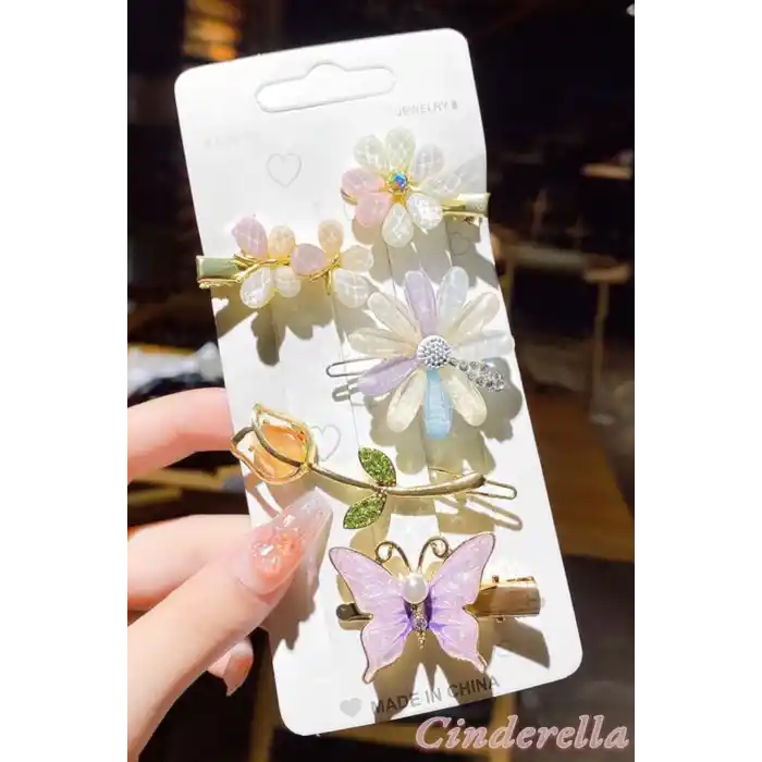 5li Kadın Yeni Sezon Lale Kelebek Çiçek Model Toka Seti - Lüks Yan Çıtçıt Klips Pens Toka Seti