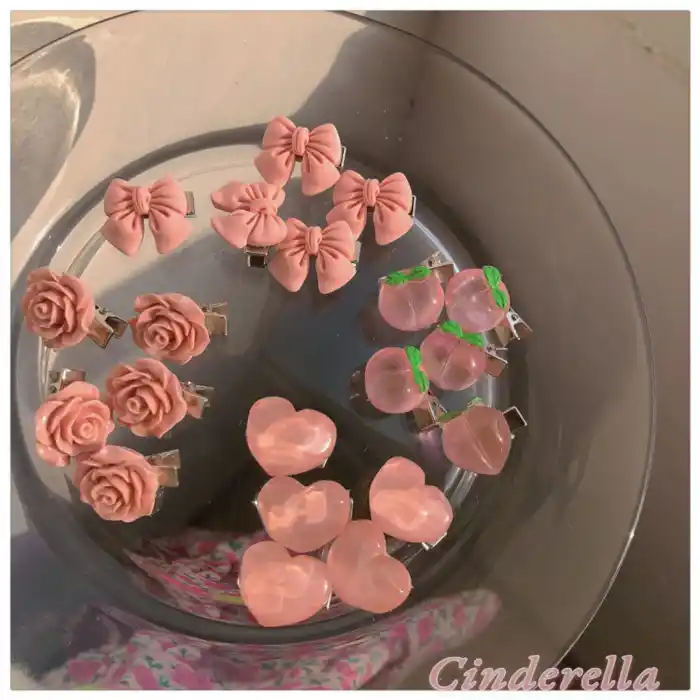 5li Pembe Gül Figürlü Mini Pens Saç Çocuk Toka Seti - Kadın Saç Aksesuarı Süsü Süsleme Klips Toka