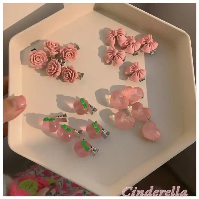 5li Pembe Gül Figürlü Mini Pens Saç Çocuk Toka Seti - Kadın Saç Aksesuarı Süsü Süsleme Klips Toka