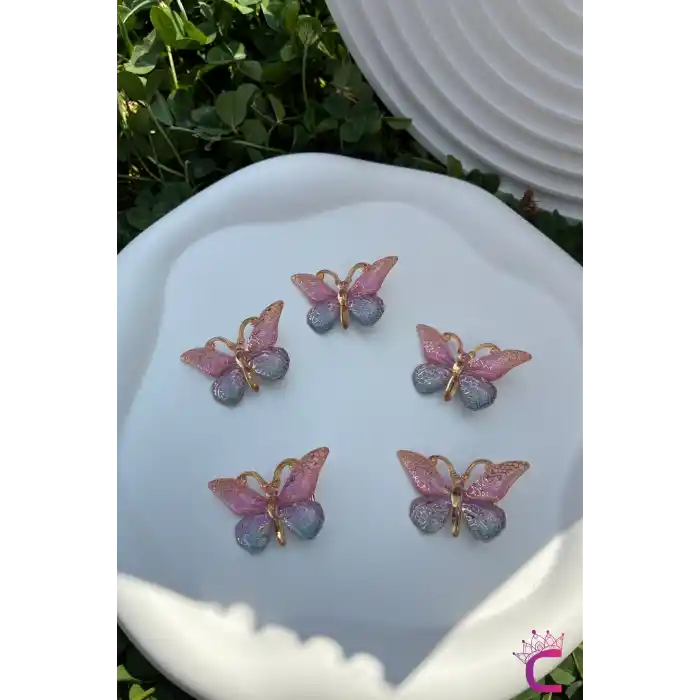 5li Pembe Mavi Degrade Kız Çocuk Kelebek Toka Seti - Dolgu Kanatlı Kelebekli Mini Pens Saç Tokası