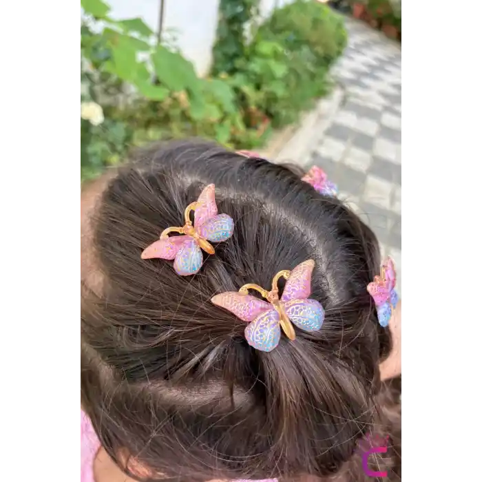 5li Pembe Mavi Degrade Kız Çocuk Kelebek Toka Seti - Dolgu Kanatlı Kelebekli Mini Pens Saç Tokası