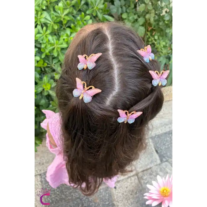 5li Pembe Mavi Degrade Kız Çocuk Kelebek Toka Seti - Dolgu Kanatlı Kelebekli Mini Pens Saç Tokası