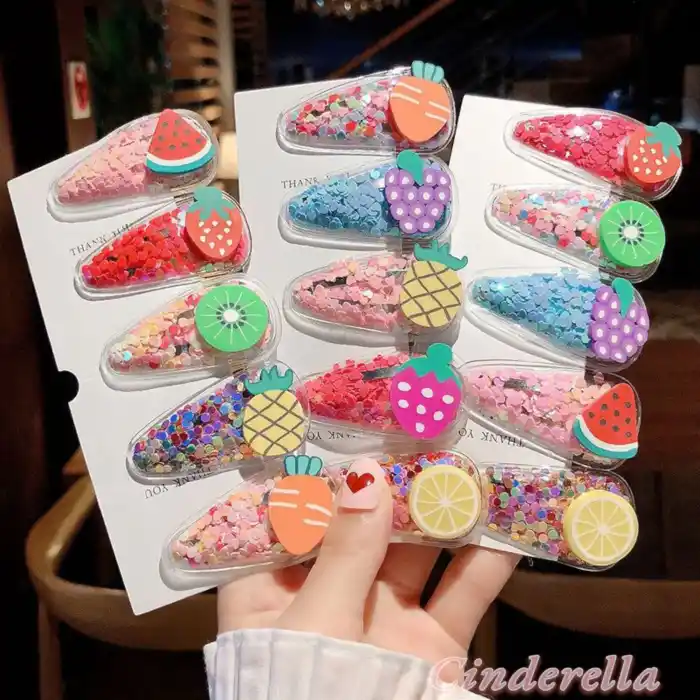 4lü Şeffaf İçi Mini Kalp Dolgulu Karışık Meyve Figürlü Çıtçıt Toka Seti - Renkli Çıt Çıt Saç Tokası