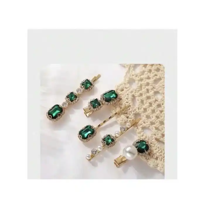 5li Yeni Sezon Kadın Yeşil Taşlı Toka Seti - Lüks Yan Çıtçıt Klips Pens Toka Seti