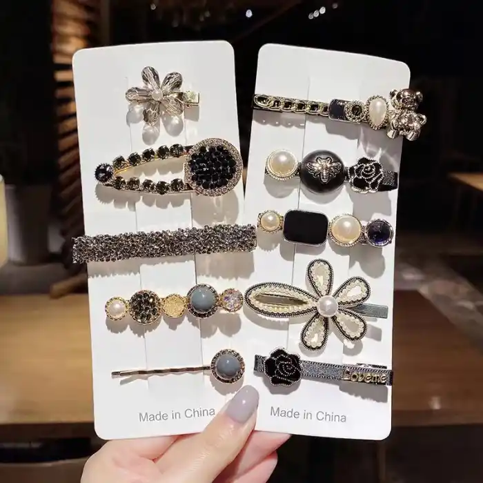 5li Yeni Sezon Siyah Taşlı Büyük Klips Çıtçıt Pens Toka Seti - Lüks Modern Toka Seti