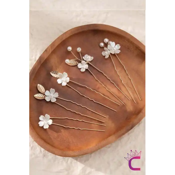 5li Zarif Beyaz Sedef İnci Çiçekli Gold Yaprak Gelin Tacı Firkete Toka - Düğün Saç Topuz Tokası