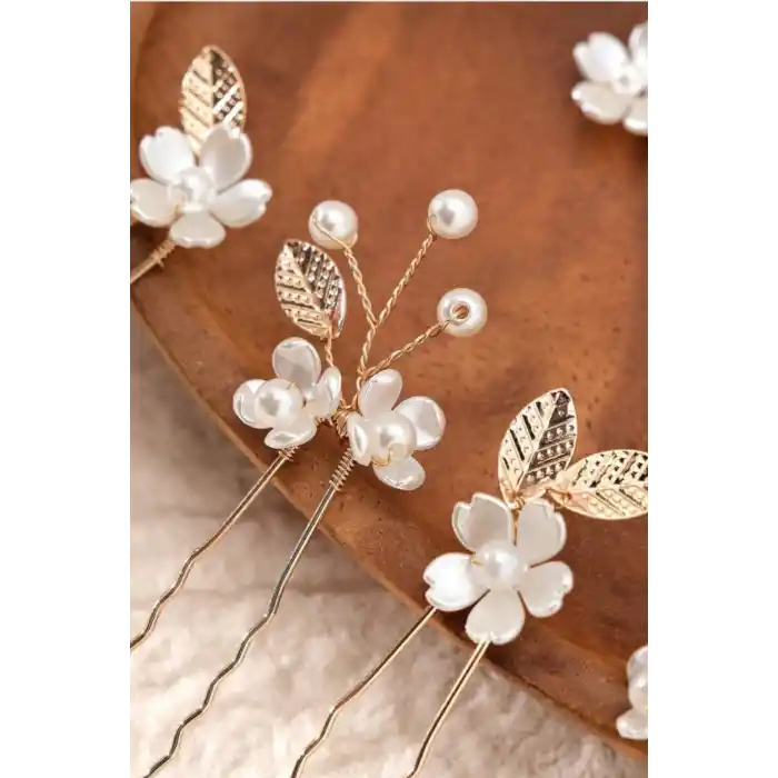 5li Zarif Beyaz Sedef İnci Çiçekli Gold Yaprak Gelin Tacı Firkete Toka - Düğün Saç Topuz Tokası