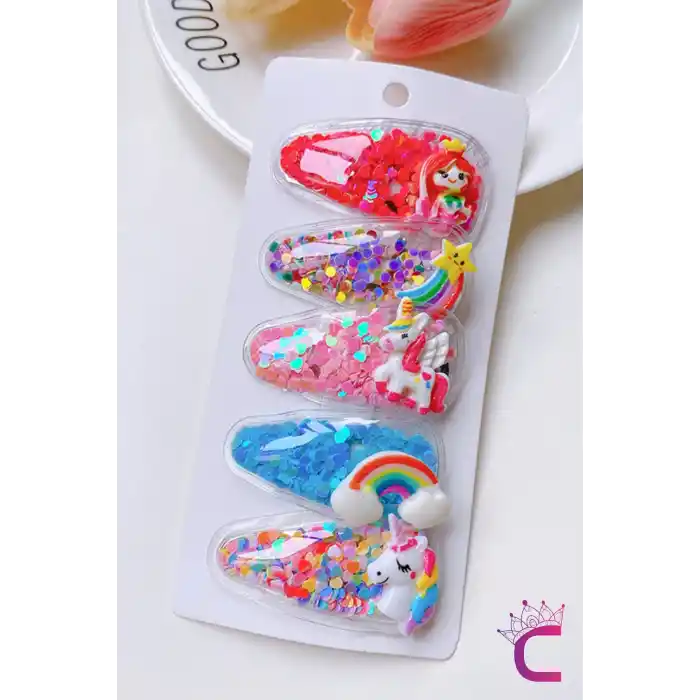 5li Renkli Kalp Dolgulu Çıtçıt Kız Çocuk Toka Seti - Unicorn Gökkuşağı Deniz Kızı Çıt Çıt Saç Tokası