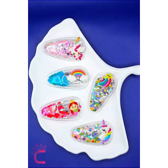 5li Renkli Kalp Dolgulu Çıtçıt Kız Çocuk Toka Seti - Unicorn Gökkuşağı Deniz Kızı Çıt Çıt Saç Tokası