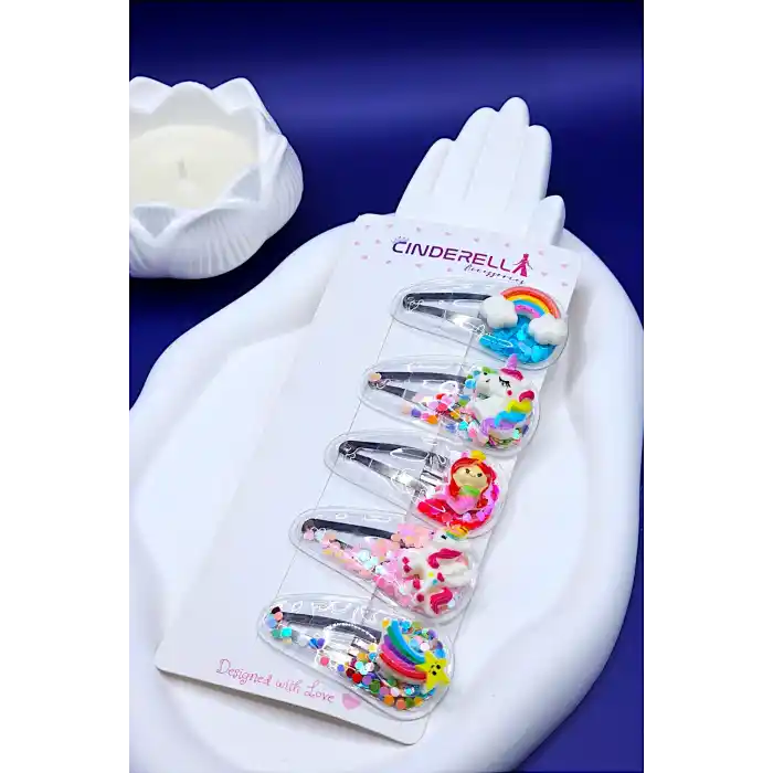5li Renkli Kalp Dolgulu Çıtçıt Kız Çocuk Toka Seti - Unicorn Gökkuşağı Deniz Kızı Çıt Çıt Saç Tokası