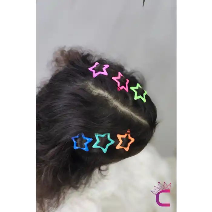 6 adet - Yıldız Çıt Çıt Toka Kaplamalı Parlak Renk - Y2k Kız Çocuk Yıldız Model Çıtçıtlı Yan Toka