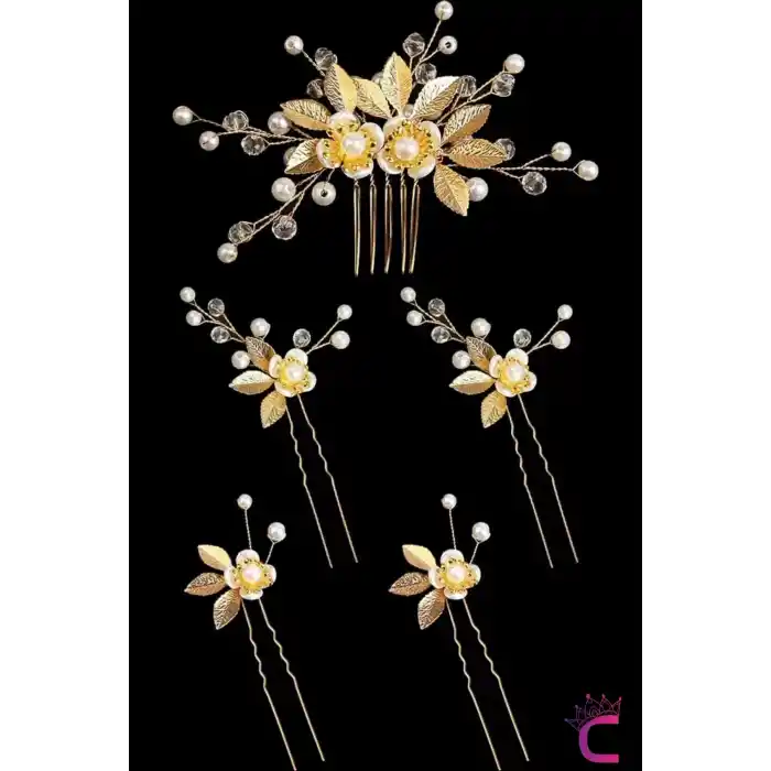 5li İncili Çiçekli Taşlı Gold Yaprak Gelin Tacı Firkete Topuz Tokası - Düğün Nişan Saç Aksesuarı