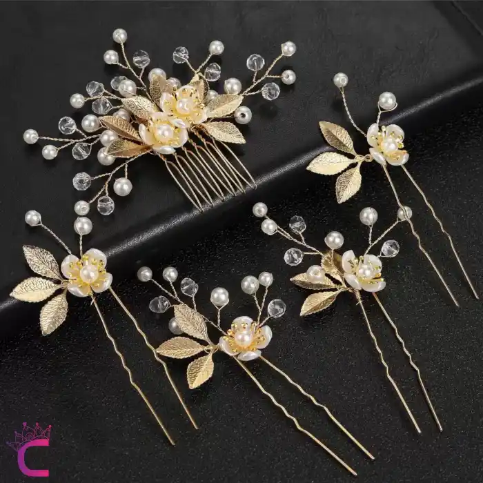 5li İncili Çiçekli Taşlı Gold Yaprak Gelin Tacı Firkete Topuz Tokası - Düğün Nişan Saç Aksesuarı