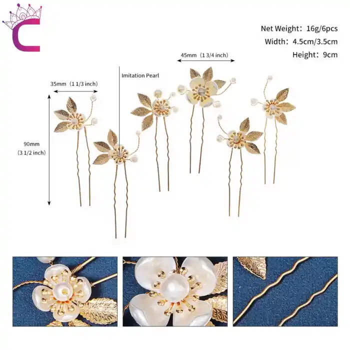 5li İncili Çiçekli Taşlı Gold Yaprak Gelin Tacı Firkete Topuz Tokası - Düğün Nişan Saç Aksesuarı