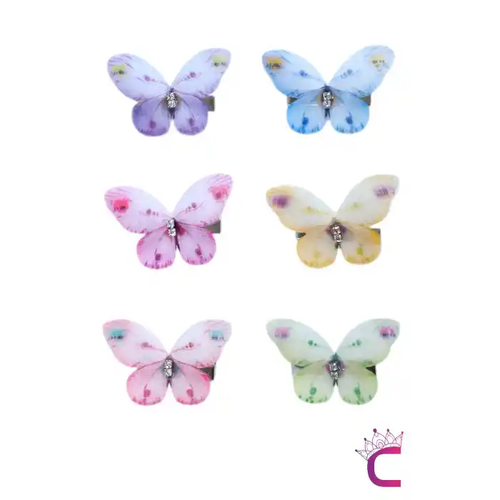 6lı Hareketli Kelebek Toka Seti Renkli Gerçekçi Kumaş - Zirkon Taşlı Kelebekli Toka Pens Saç Tokası