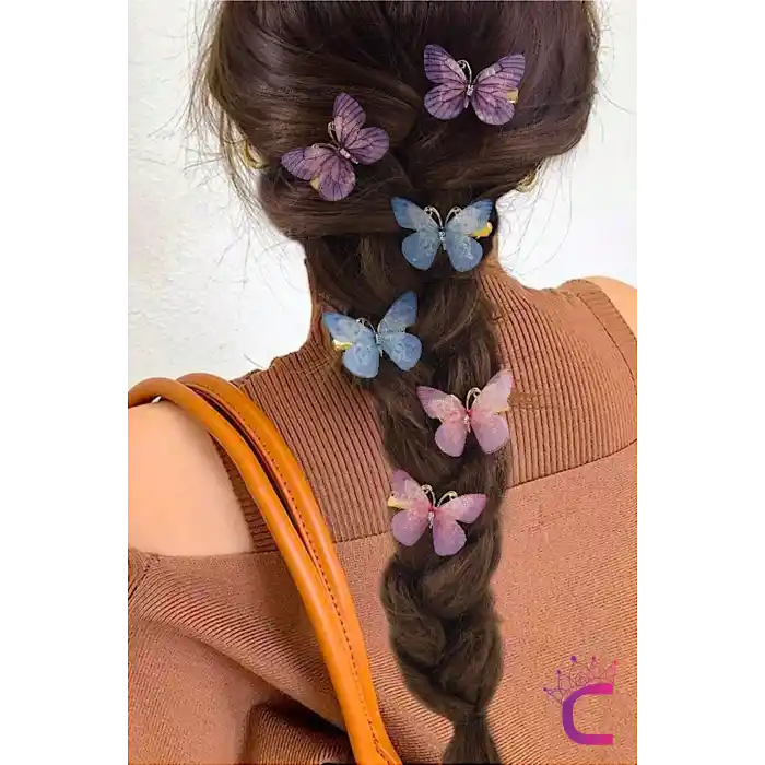 6lı Hareketli Renkli Kelebek Toka Seti 5cm - Tül Kanatlı Taşlı Kelebekli Toka Pens Klips Saç Tokası