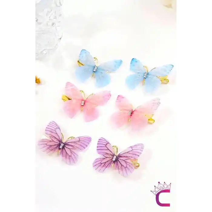 6lı Hareketli Renkli Kelebek Toka Seti 5cm - Tül Kanatlı Taşlı Kelebekli Toka Pens Klips Saç Tokası