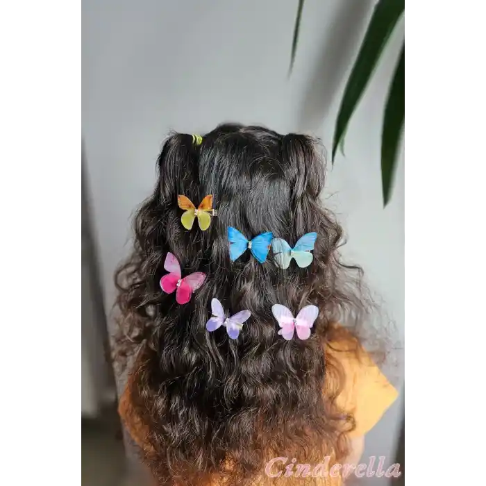 6lı Hareketli Kelebek Toka Seti Gerçekçi Kumaş - Renkli Tül Kanatlı Taşlı Kelebekli Pens Saç Tokası