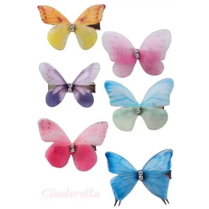 6lı Hareketli Kelebek Toka Seti Gerçekçi Kumaş - Renkli Tül Kanatlı Taşlı Kelebekli Pens Saç Tokası