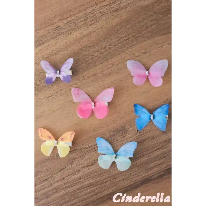 6lı Hareketli Kelebek Toka Seti Gerçekçi Kumaş - Renkli Tül Kanatlı Taşlı Kelebekli Pens Saç Tokası