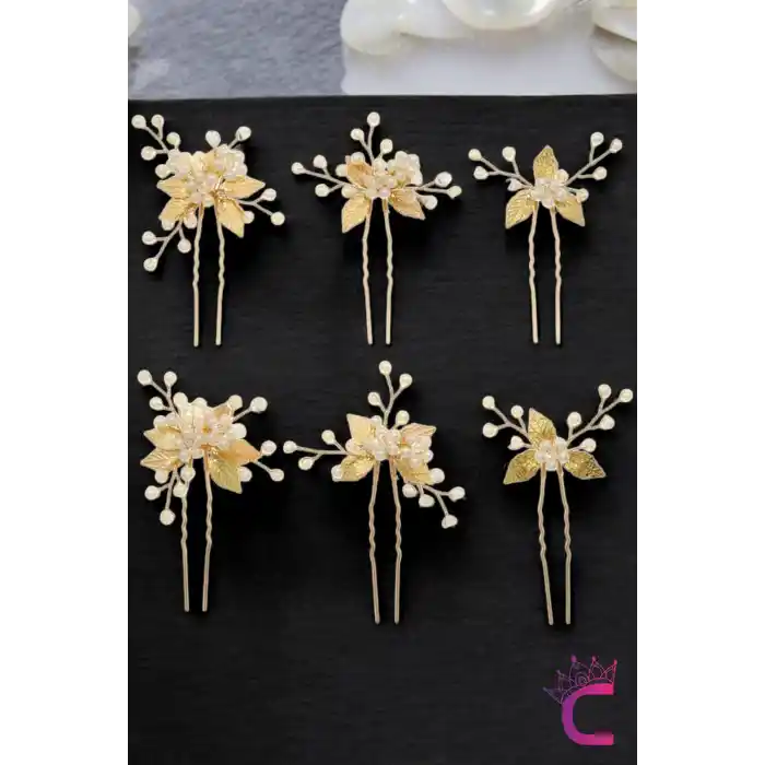 6lı İncili Kristal Taşlı Gelin Tacı Firkete Toka Gold - Yaprak Taç Düğün Nişan Nikah Saç Aksesuarı